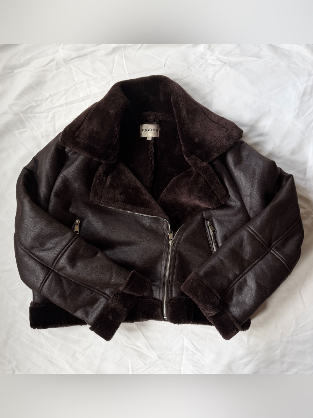 Vigoss Chocolate Brown Faux Leather Shearling Moto Jacket